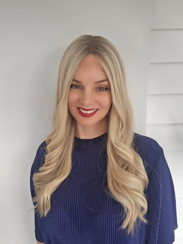 Alex human hair wig in Hahei blonde by Custom Hair Company front view