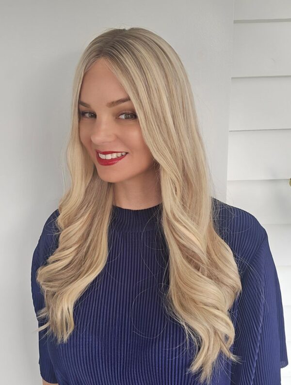 Alex human hair wig in Hahei blonde by Custom Hair Company side view
