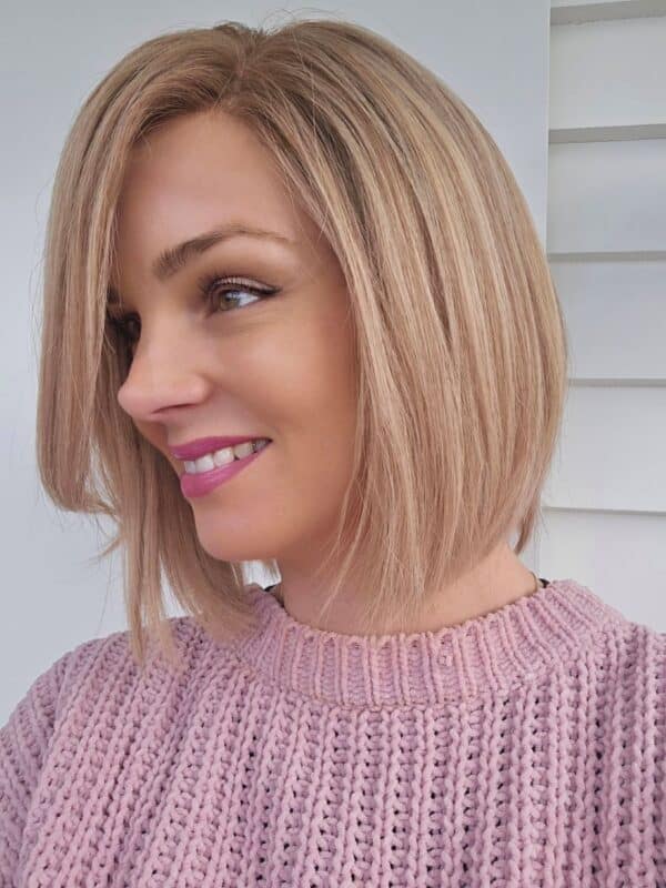Tammy human hair wig by Custom Hair Company, side parting view