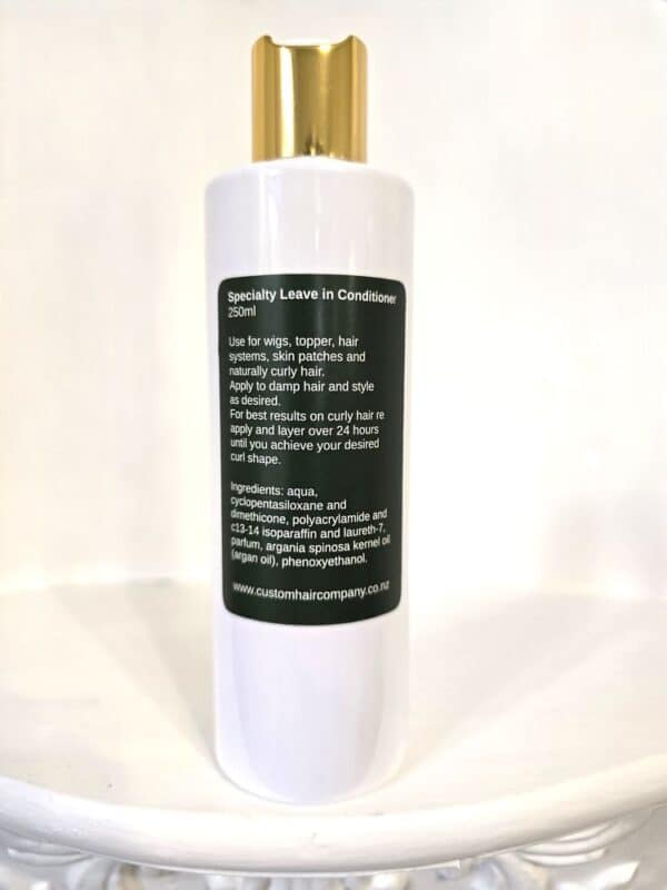Specialty Leave in Conditioner for wig care, back of bottle for instructions