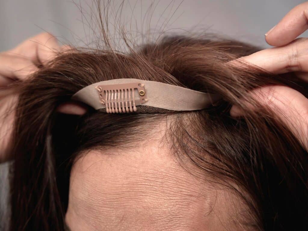 Hair topper being applied to hair