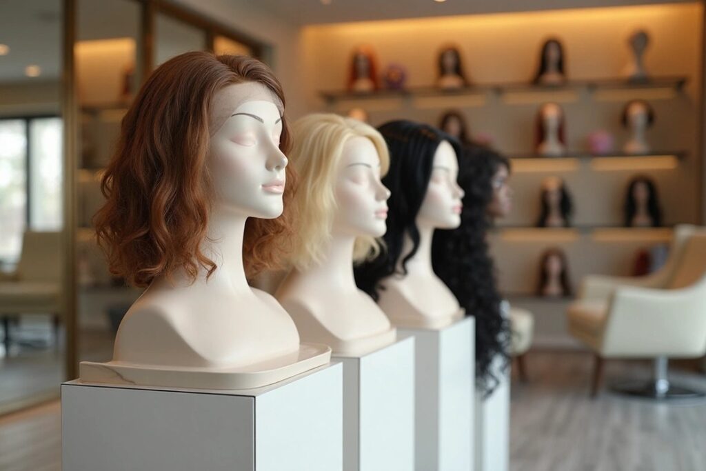 wigs on mannequins in wig salon