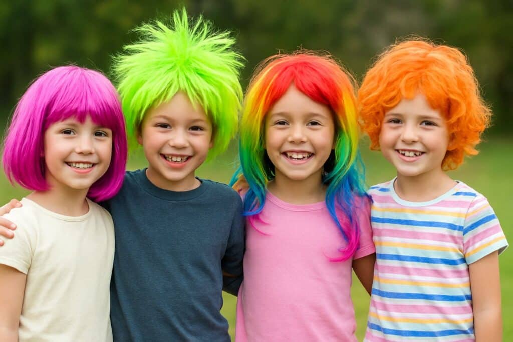 young children wearing wigs for wig wednesday fundraising
