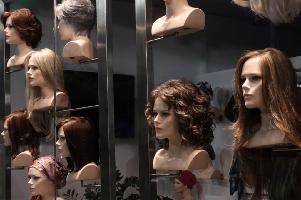 window display of wig choices