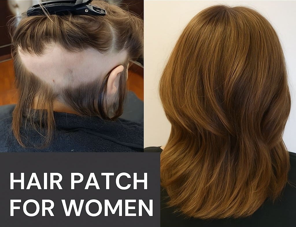 woman with hair patch before and after